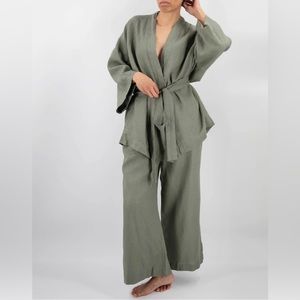Sunday Morning Naoko Linen Kimono Sleepwear Set size M/L green khaki NWOT new